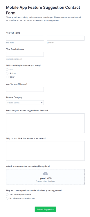 Mobile App Feature Suggestion Contact Form Template