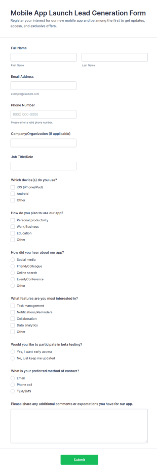 Mobile App Launch Lead Generation Form Template