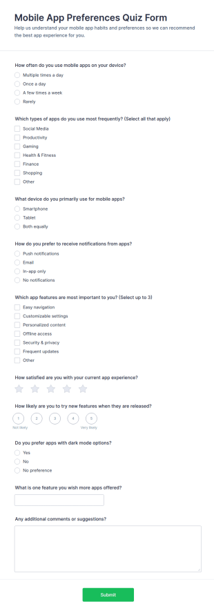 Mobile App Preferences Quiz Form Template