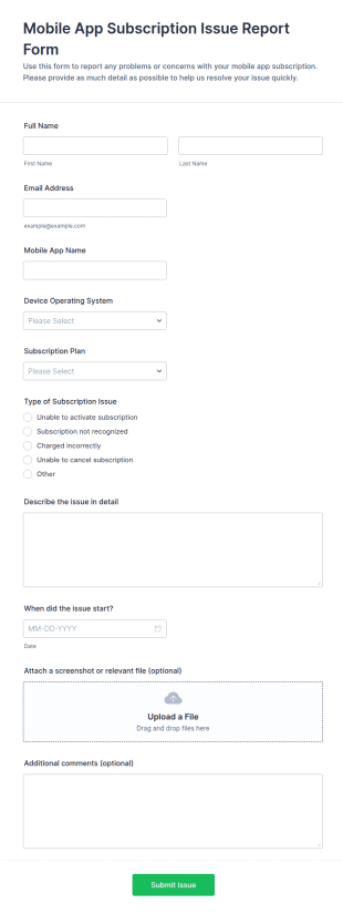 Mobile App Subscription Issue Report Form Template