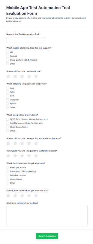 Mobile App Test Automation Tool Evaluation Form Template