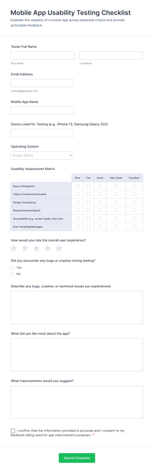 Mobile App Usability Testing Checklist Form Template