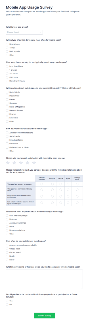 Mobile App Usage Survey Form Template