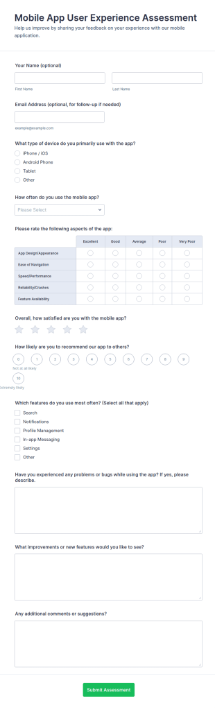 Mobile App User Experience Assessment Form Template