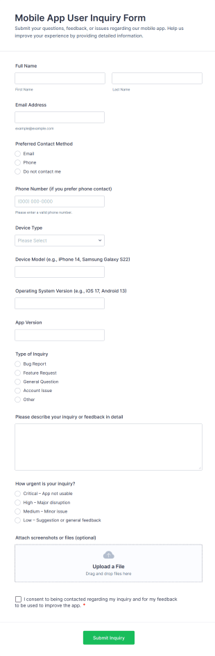 Mobile App User Inquiry Form Template