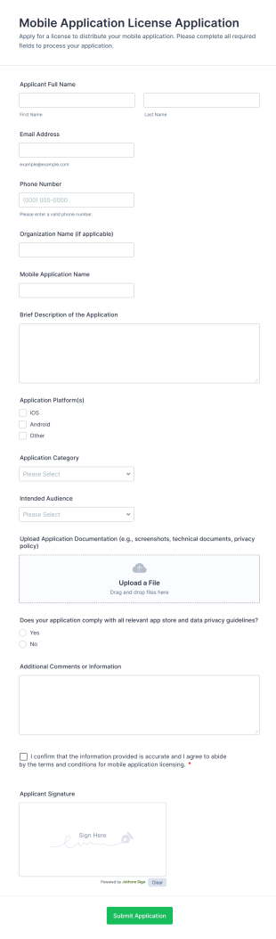 Mobile Application License Application Form Template