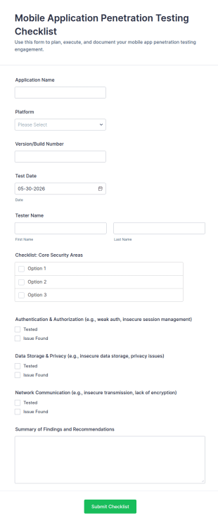 Mobile Application Penetration Testing Checklist Form Template