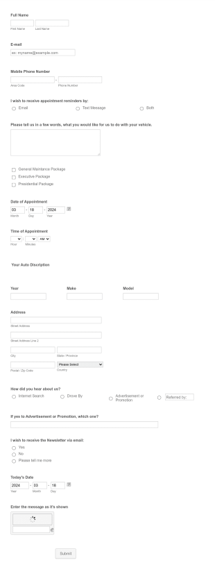 Vehicle Appointment Form Template