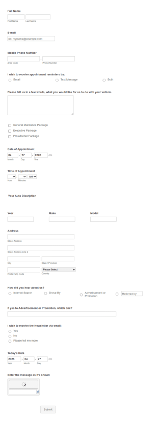 Vehicle Appointment Form Template