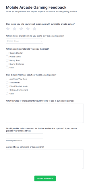 Mobile Arcade Gaming Feedback Form Template