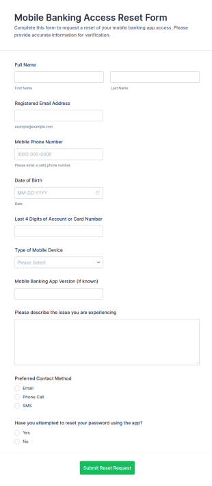 Mobile Banking Access Reset Form Template