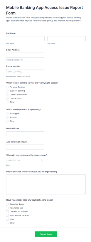 Mobile Banking App Access Issue Report Form Template
