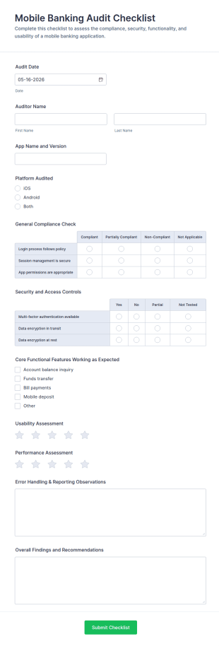 Mobile Banking Audit Checklist Form Template