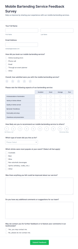 Mobile Bartending Service Feedback Survey Form Template