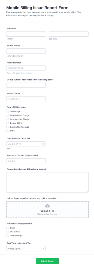 Mobile Billing Issue Report Form Template