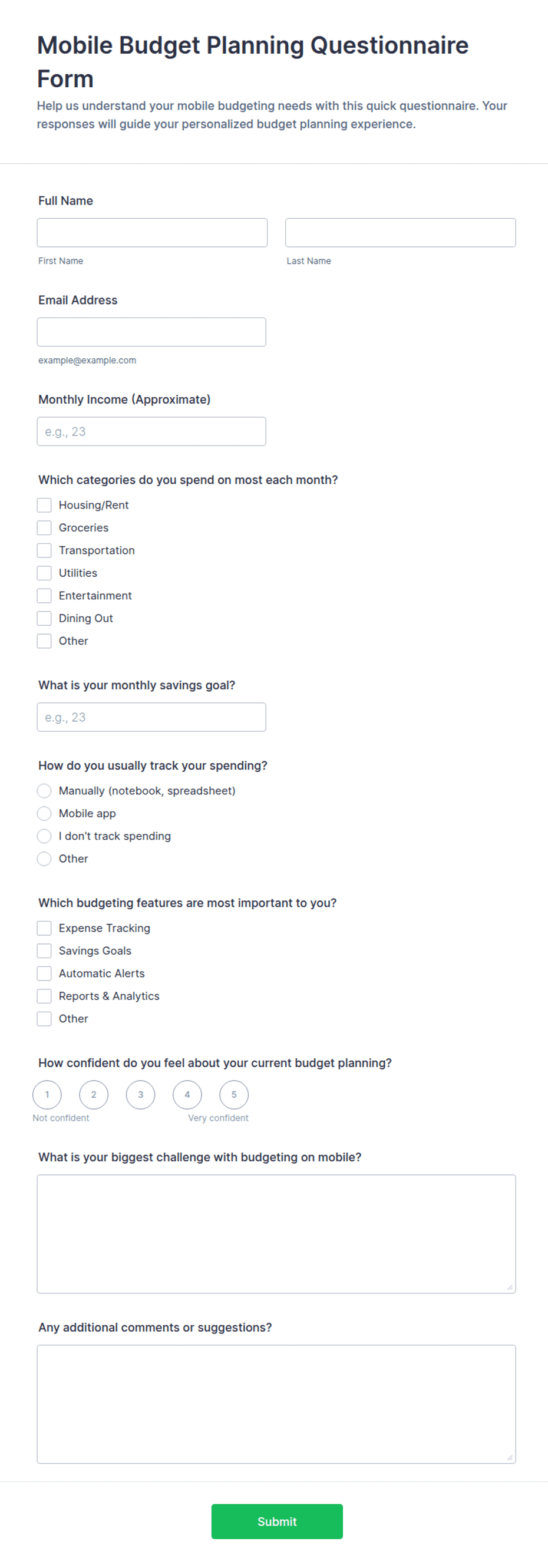 Mobile Budget Planning Questionnaire Form Template | Jotform