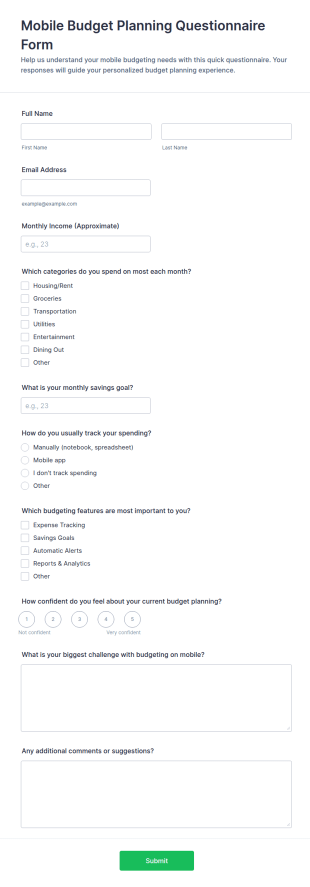 Mobile Budget Planning Questionnaire Form Template
