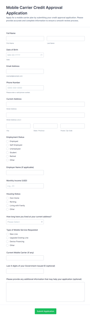 Mobile Carrier Credit Approval Application Form Template