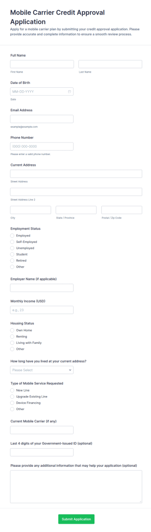 Mobile Carrier Credit Approval Application Form Template
