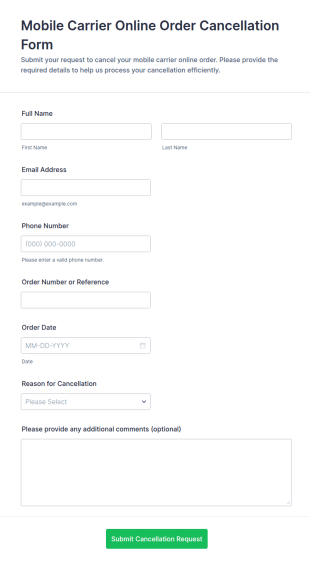 Mobile Carrier Online Order Cancellation Form Template