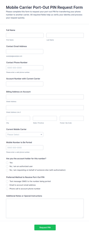 Mobile Carrier Port Out PIN Request Form Template