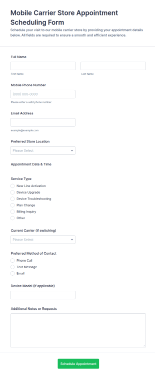 Mobile Carrier Store Appointment Scheduling Form Template