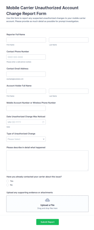Mobile Carrier Unauthorized Account Change Report Form Template