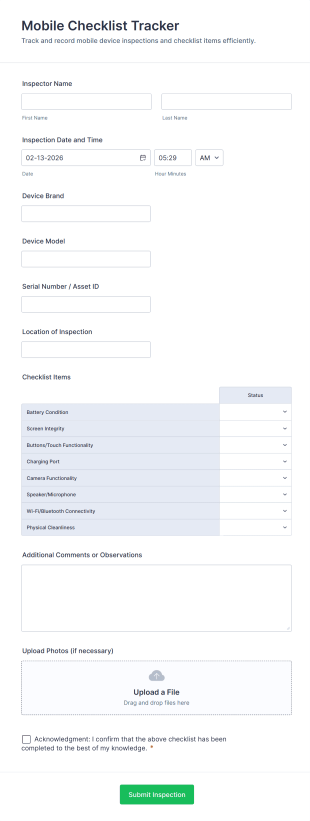 Mobile Checklist Tracker Form Template