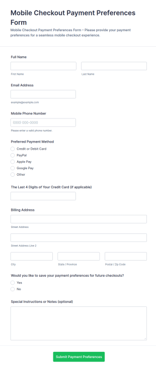 Mobile Checkout Payment Preferences Form Template