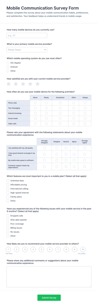 Mobile Communication Survey Form Template