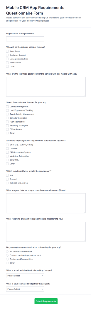 Mobile CRM App Requirements Questionnaire Form Template