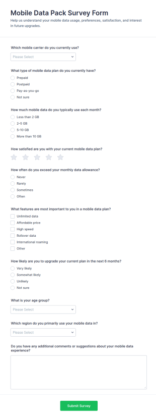 Mobile Data Pack Survey Form Template