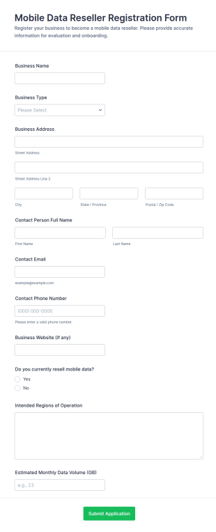 Mobile Data Reseller Registration Form Template