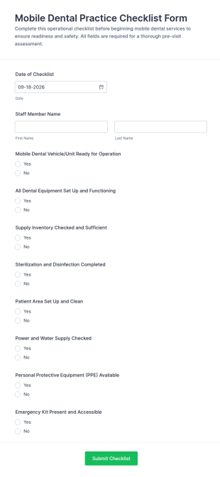 Mobile Dental Practice Checklist Form Template