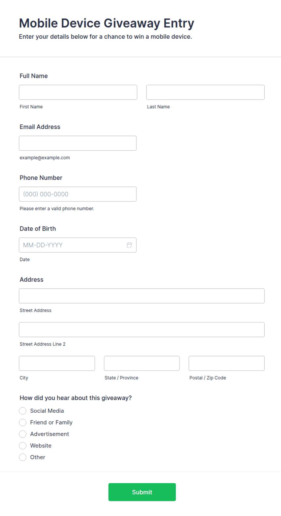 Mobile Device Giveaway Entry Form Template | Jotform