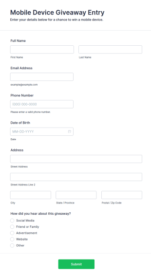 Mobile Device Giveaway Entry Form Template