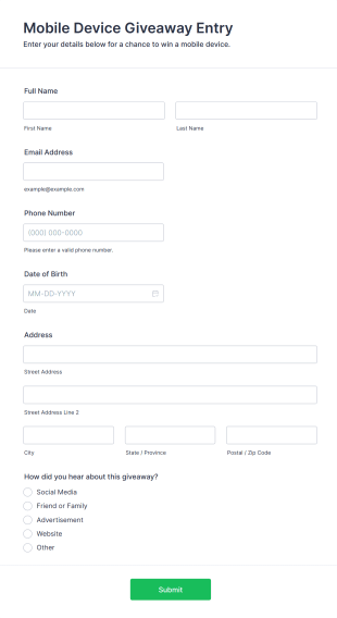 Mobile Device Giveaway Entry Form Template