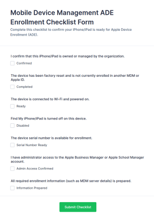 Mobile Device Management ADE Enrollment Checklist Form Template