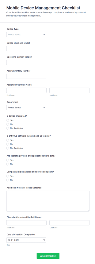 Mobile Device Management Checklist Form Template