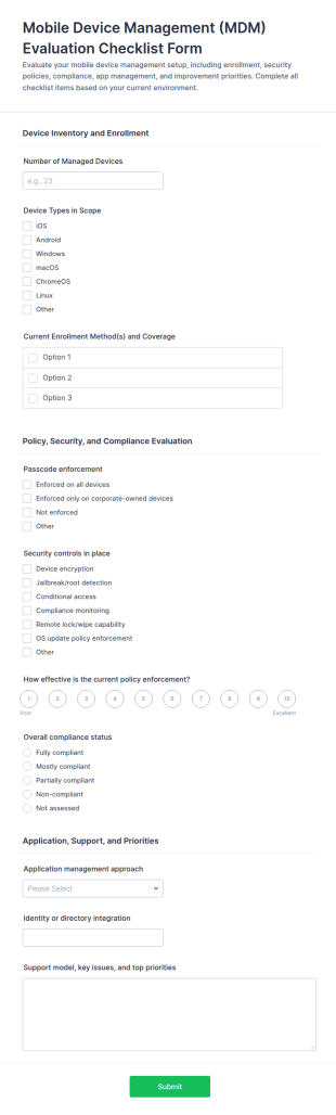 Mobile Device Management Evaluation Checklist Form Template