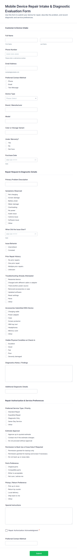 Mobile Device Repair Intake & Diagnostic Evaluation Form Template