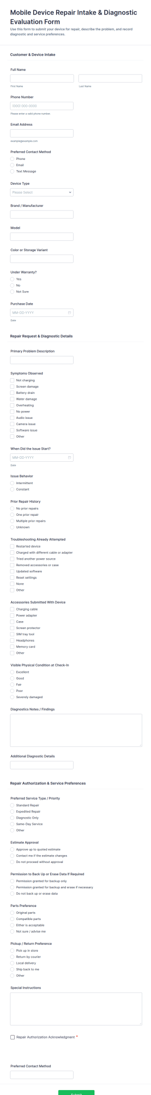 Mobile Device Repair Intake & Diagnostic Evaluation Form Template