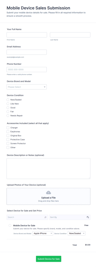 Mobile Device Sales Submission Form Template
