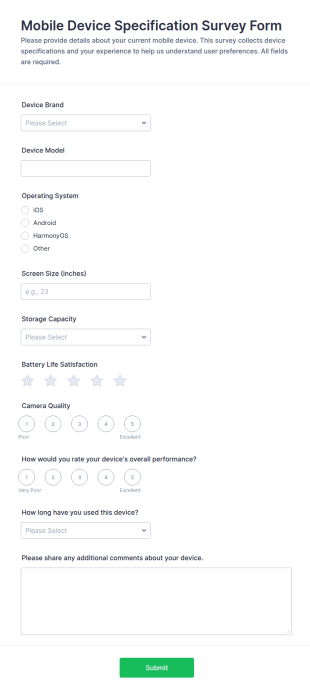 Mobile Device Specification Survey Form Template