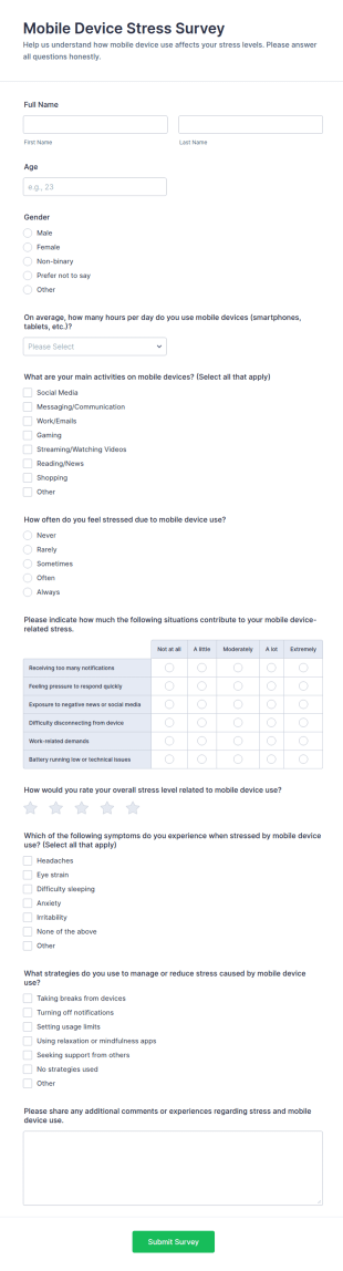Mobile Device Stress Survey Form Template