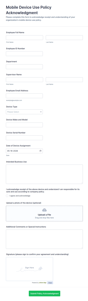 Mobile Device Use Policy Form Template