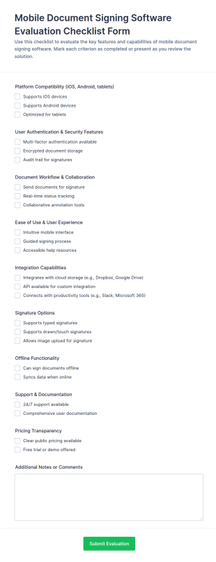 Mobile Document Signing Software Evaluation Checklist Form Template
