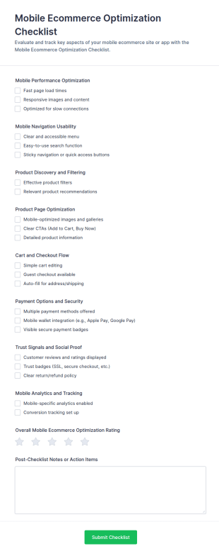 Mobile Ecommerce Optimization Checklist Form Template