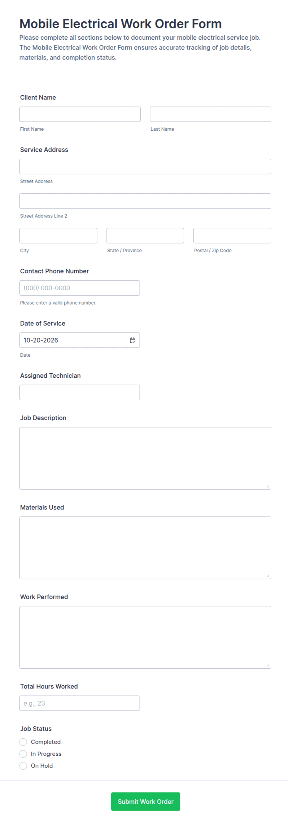 Mobile Electrical Work Order Form Template | Jotform