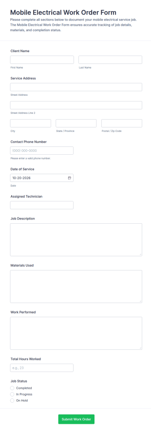 Mobile Electrical Work Order Form Template